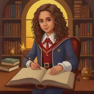 An image of a fantasy-themed book cover or a character illustration. Perfect for representing characters like Hermione Granger from Harry Potter. 